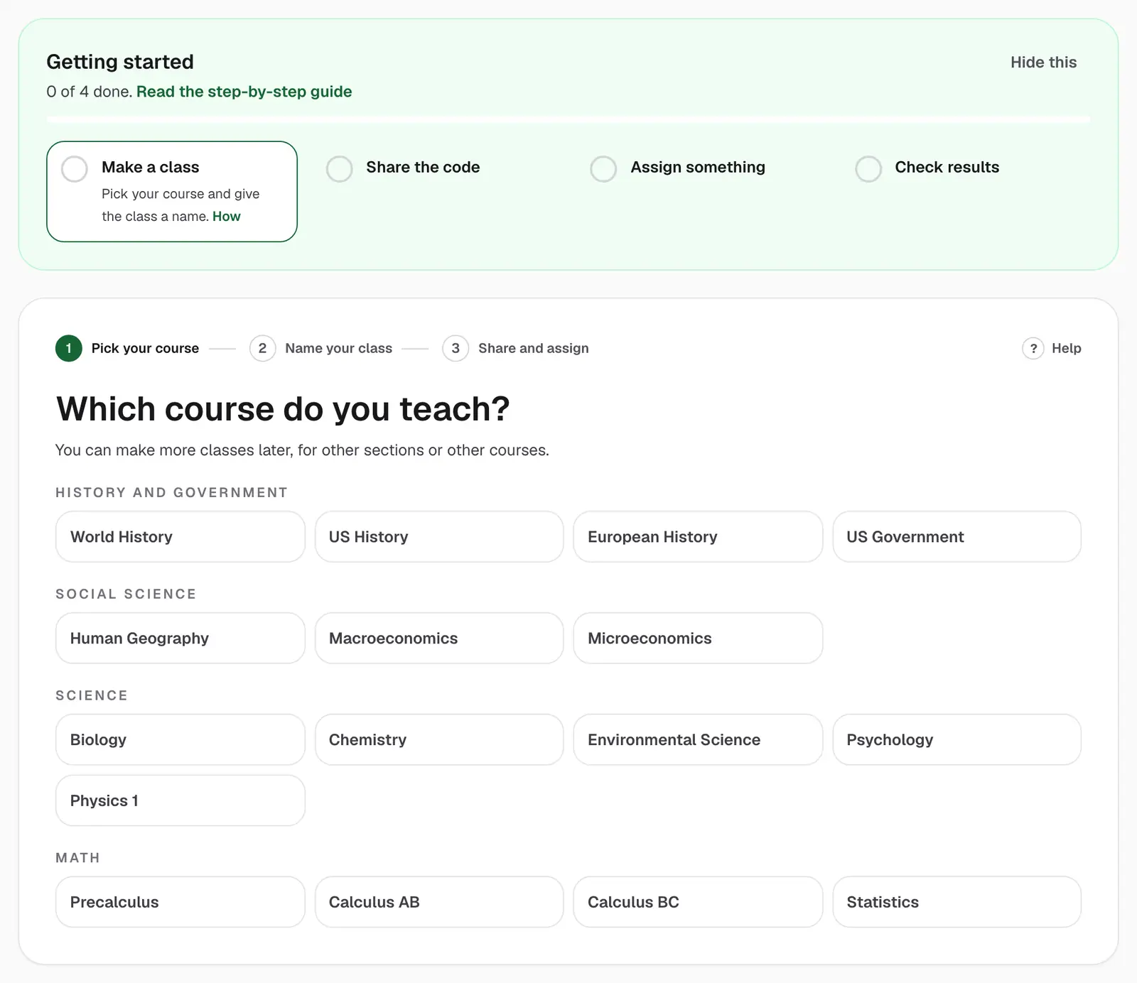 The first screen a new teacher sees: a getting-started checklist, then step 1 of 3, Which course do you teach?, with a button for each course grouped by subject.