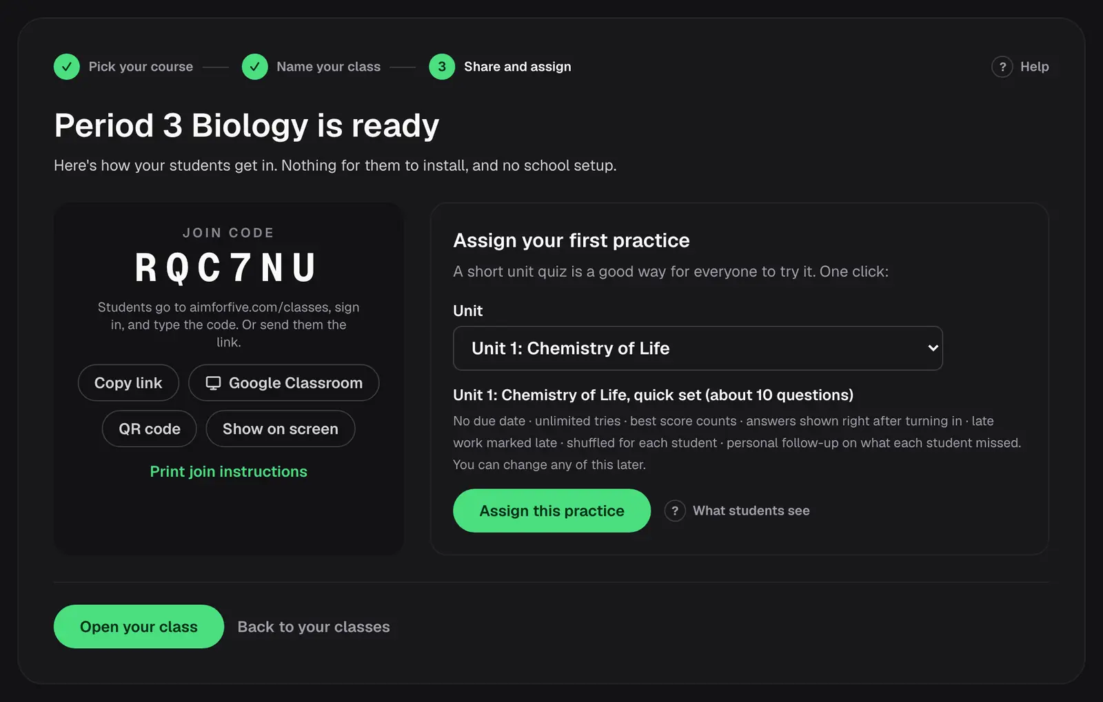 Step 3 of the setup: the new class's join code with share buttons, and an Assign this practice button that assigns a short Unit 1 quiz with the default options.