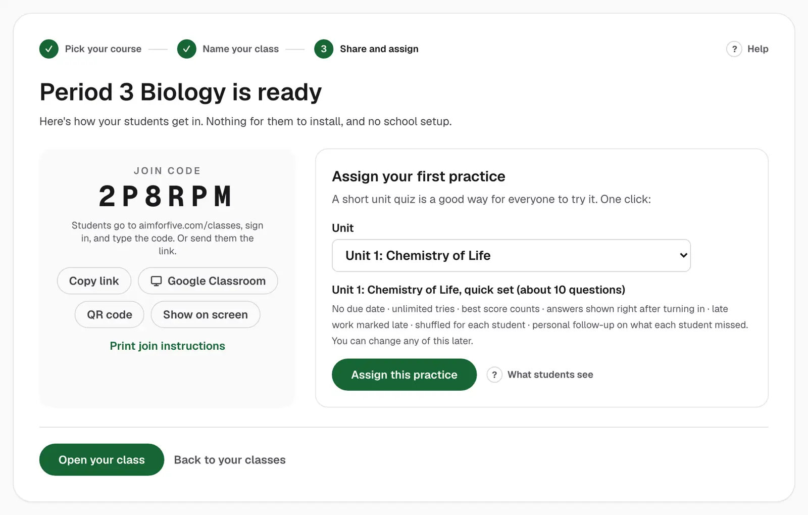 Step 3 of the setup: the new class's join code with share buttons, and an Assign this practice button that assigns a short Unit 1 quiz with the default options.