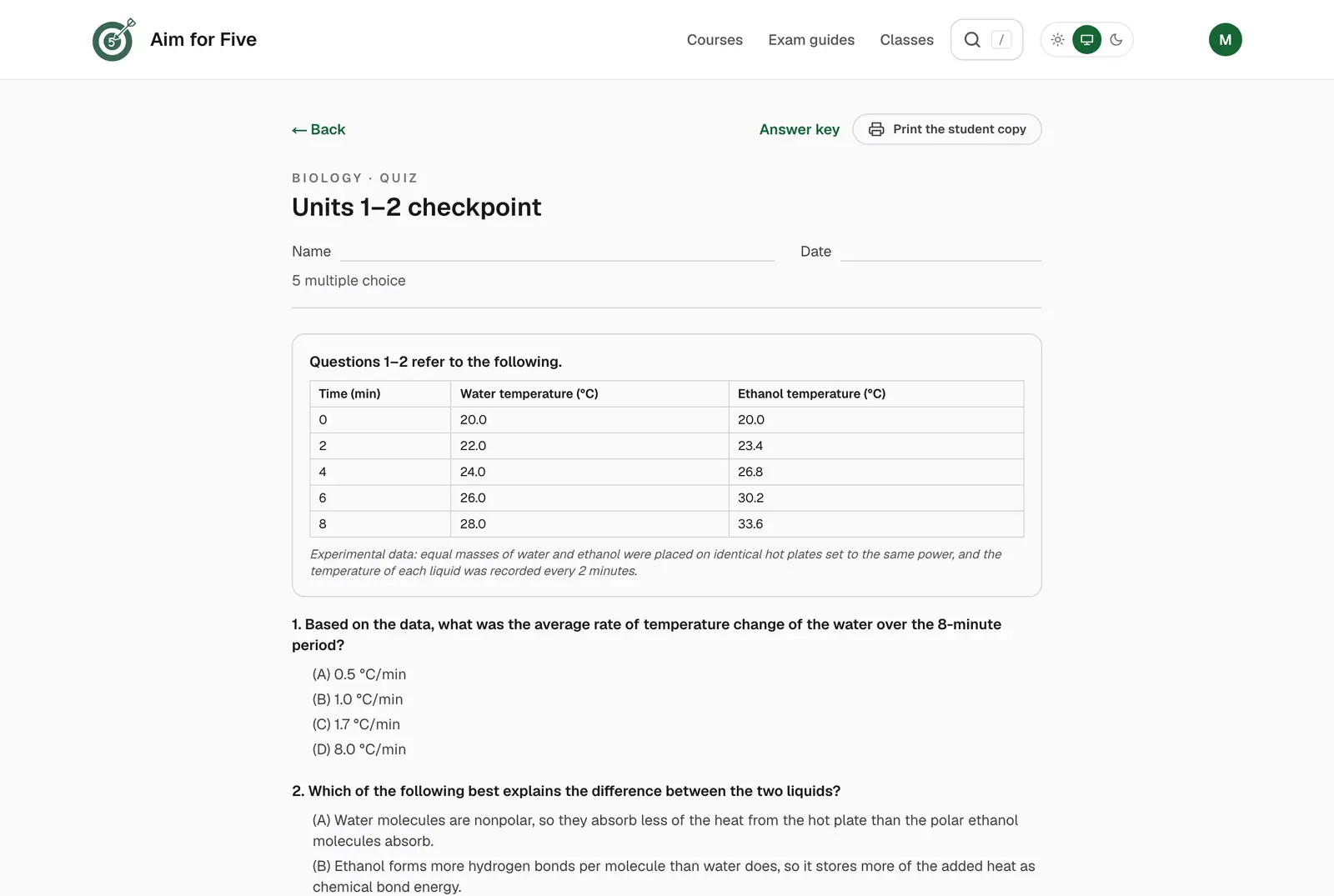 A printable quiz: numbered questions with their sources, ready to print, with a link to the separate answer key.