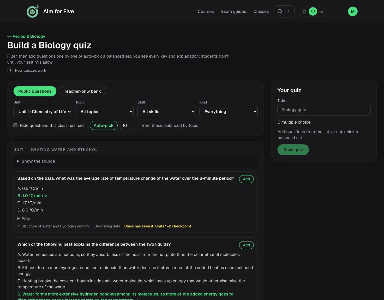 The quiz builder: filters for unit, topic, skill and question bank, a list of questions with their answers and explanations, and the quiz being built on the side.