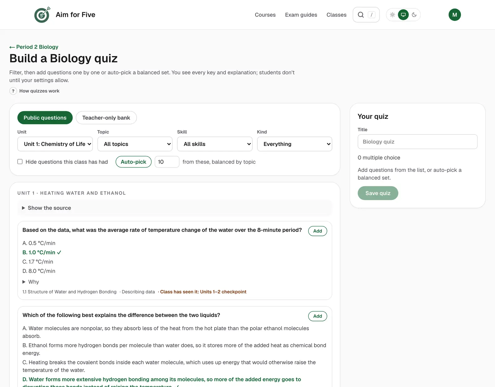 The quiz builder: filters for unit, topic, skill and question bank, a list of questions with their answers and explanations, and the quiz being built on the side.