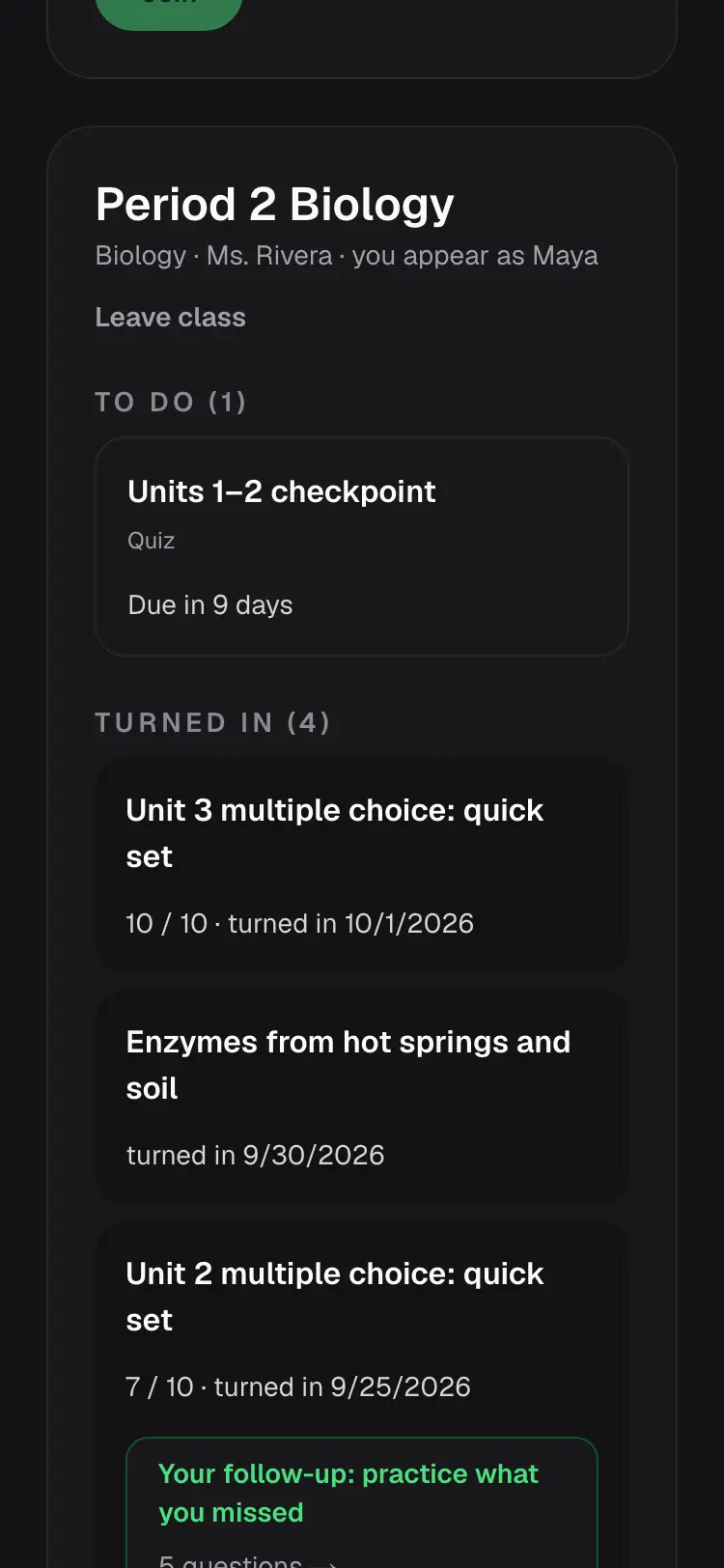 A student's Classes page on a phone, listing their class's assignments with due dates and scores.