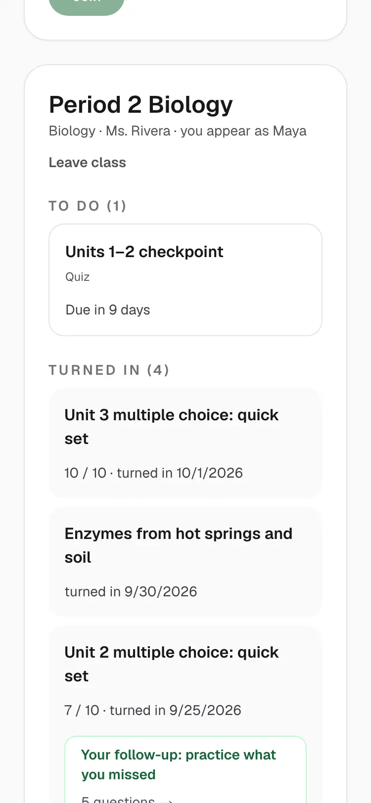 A student's Classes page on a phone, listing their class's assignments with due dates and scores.