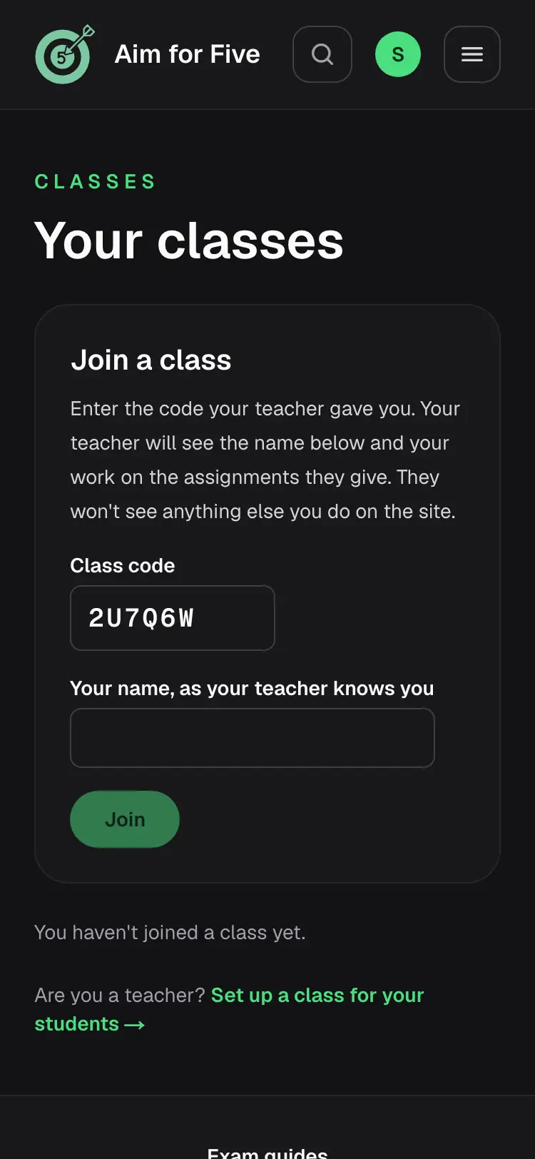 What a student sees on a phone after opening the join link: the Join a class form with the code already filled in and a box for their name.