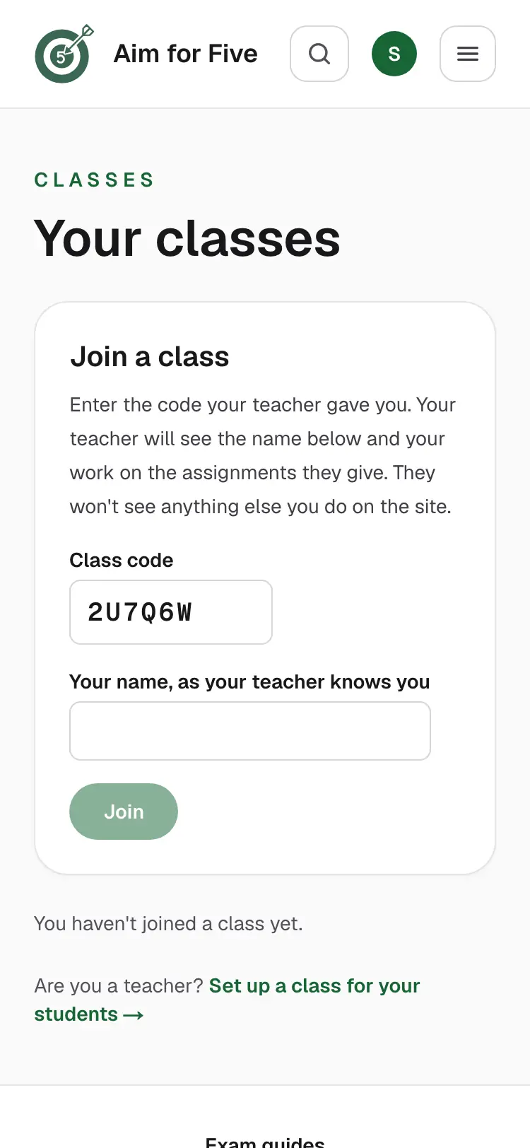 What a student sees on a phone after opening the join link: the Join a class form with the code already filled in and a box for their name.